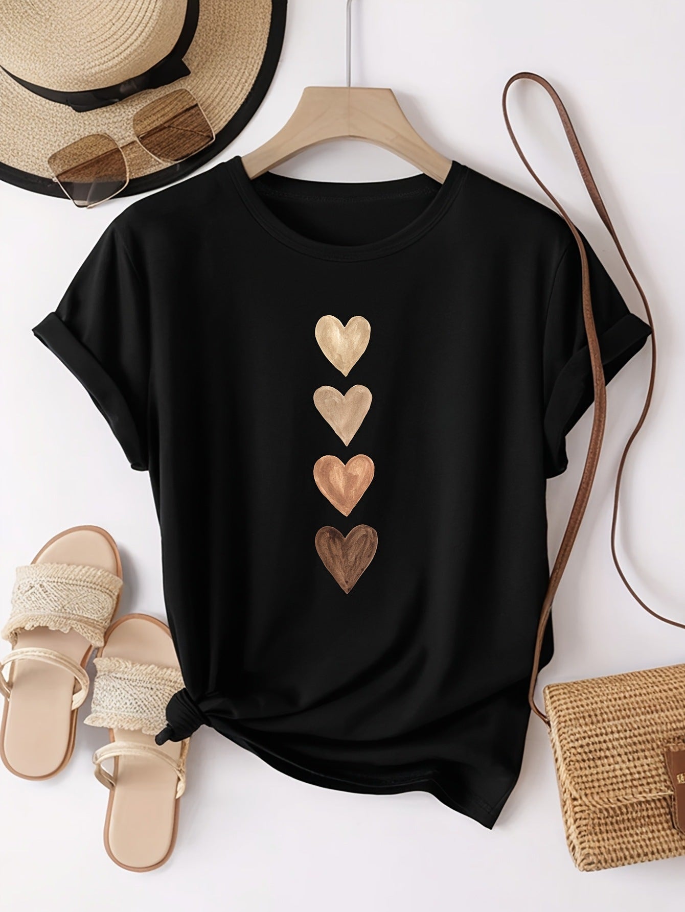 Gold Foil Heart Print Tee - Casual Short Sleeve T-Shirt