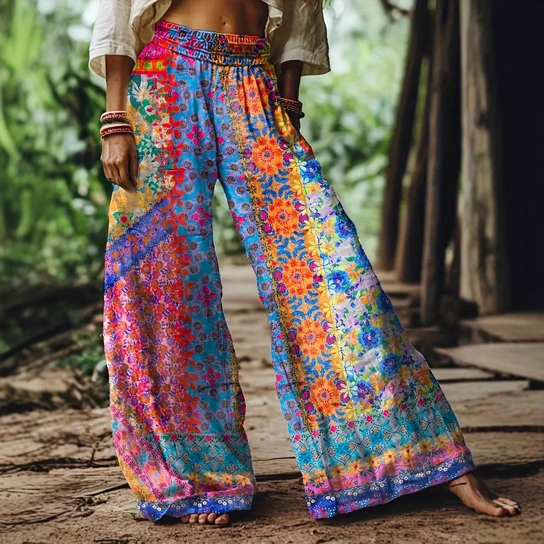 Boho Patchwork Wide-Leg Pants - Retro Festival Style