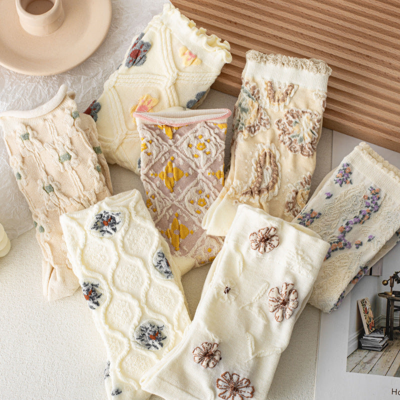 7-Pair Set - Women's Vintage Floral Lace Socks, Sheer Embroidered Dress Socks