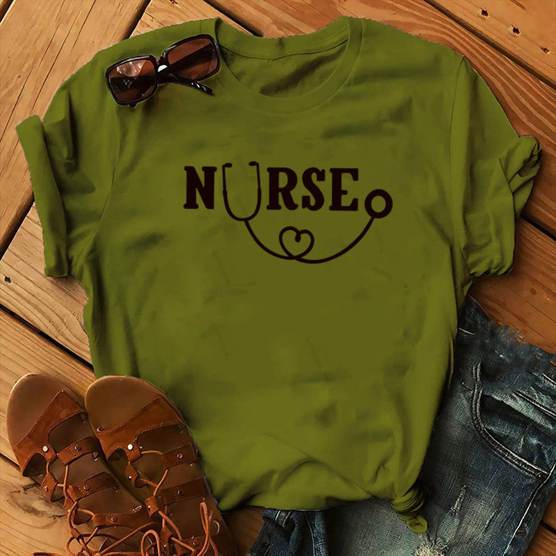 Nurse Graphic T-Shirt - Stethoscope Heart Print Short Sleeve