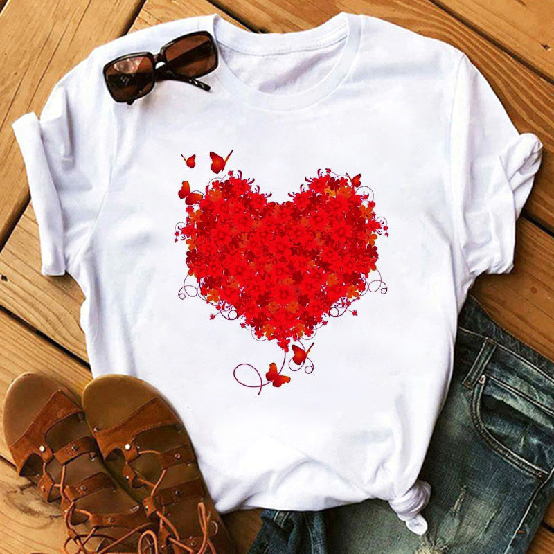 Women's Heart Print Graphic T-Shirt - Casual Valentine's Day Top