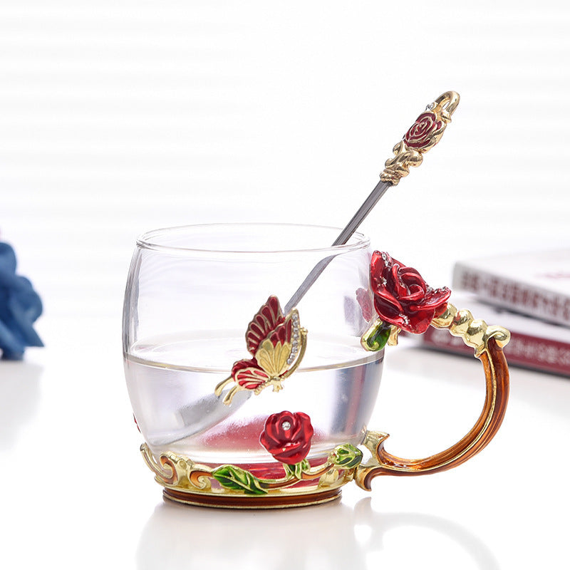 Luxury Enamel Flower Glass Teacup Set with Spoon - Gift Boxed Tea & Coffee Mug