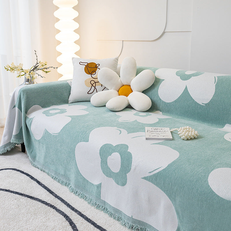 Floral Chenille Sofa Throw Blanket - Double-Sided Decorative Couch Cover