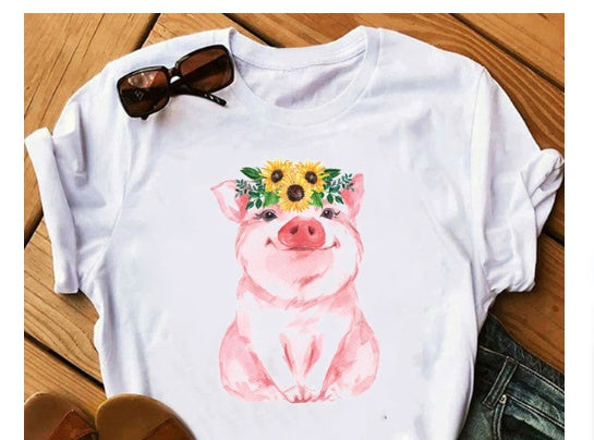 Cute Graphic T-Shirt - Flower Crown Pig / Bunny Print Tee