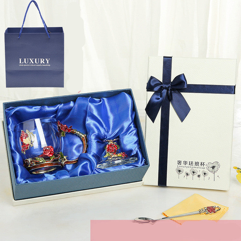 Luxury Enamel Flower Glass Teacup Set with Spoon - Gift Boxed Tea & Coffee Mug