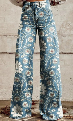 Boho Daisy Print Wide Leg Jeans - Vintage Floral Statement Denim
