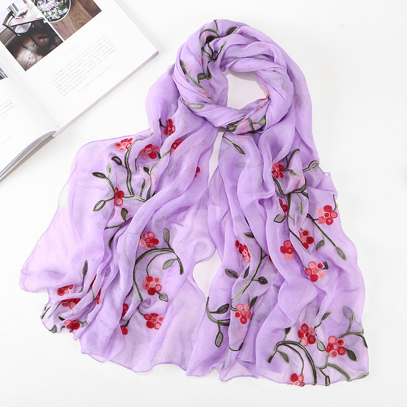 Embroidered Floral Chiffon Scarf - Lightweight Shawl & Wrap