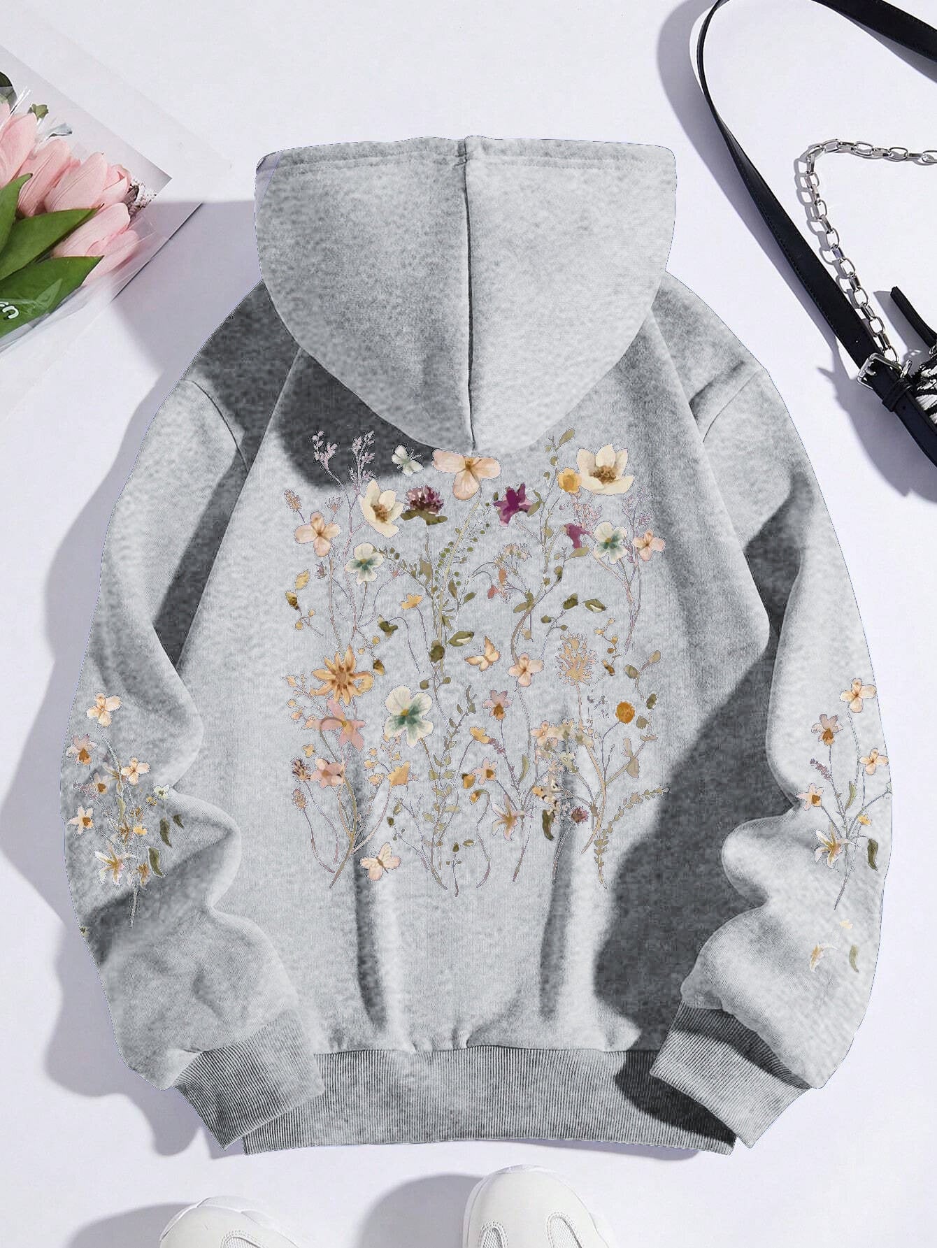 Women's Floral Print Hoodie Sweatshirt - Casual Pullover with Pocket