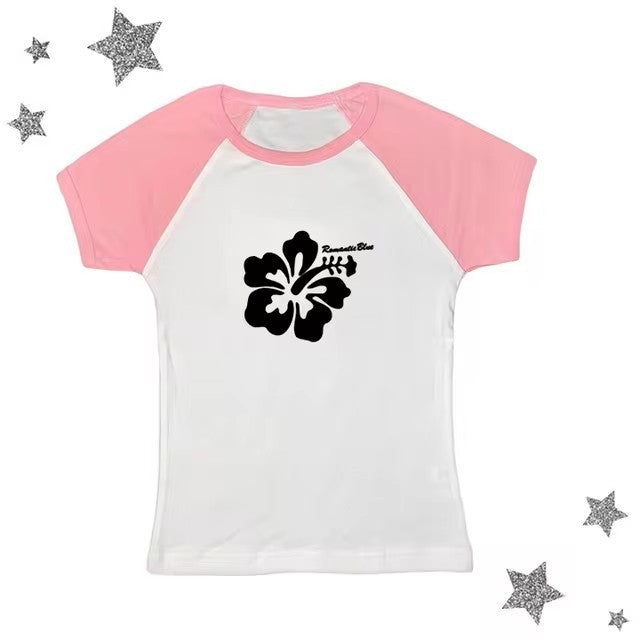 Retro Hibiscus Flower Print Short Sleeve Tee - Casual Y2K Summer Top