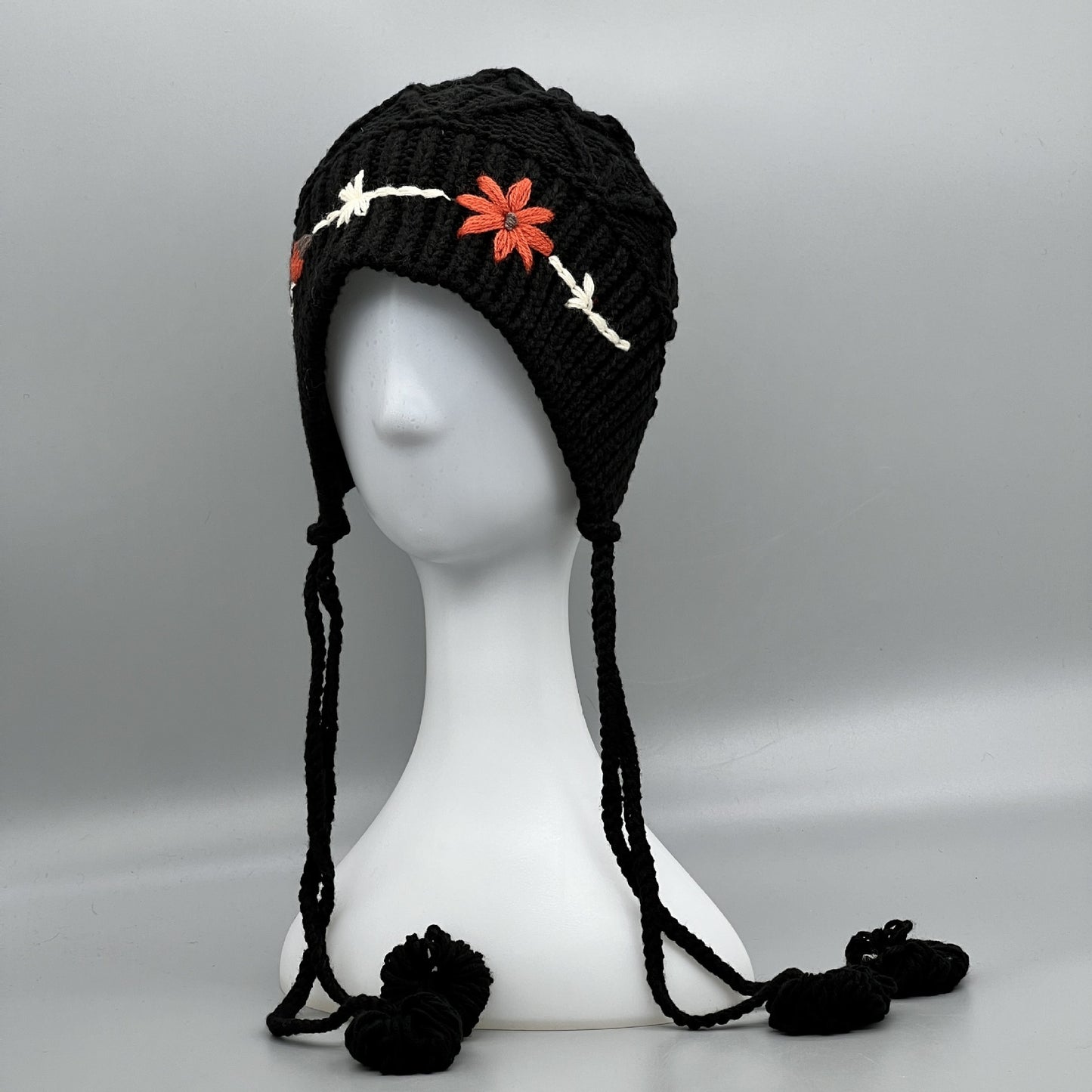 Handmade Knitted Winter Hat with Flower Accent - Women's Wool Beanie with Ear Flaps