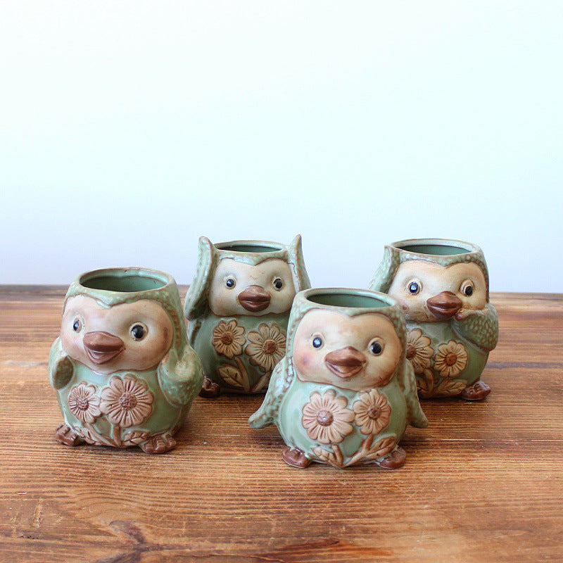 Ceramic Owl Succulent Planters - Mini Flower Pots or Indoor Plants (Set of 4)
