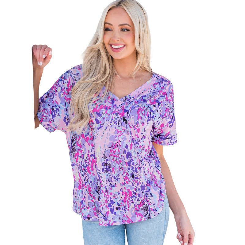 Women's Abstract Floral Print V-Neck T-Shirt - Loose Casual Summer Top