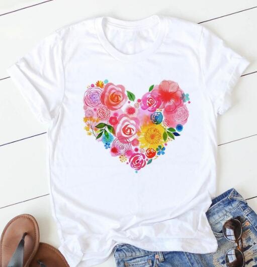 Women's Heart & Flower Print Short Sleeve T-Shirt - Casual Graphic Tee