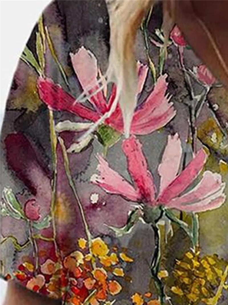 Women's Floral V-Neck Short Sleeve Top - Loose Fit Cotton Tee