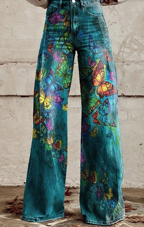 Boho Butterfly Print Wide Leg Pants - High Rise Retro Style