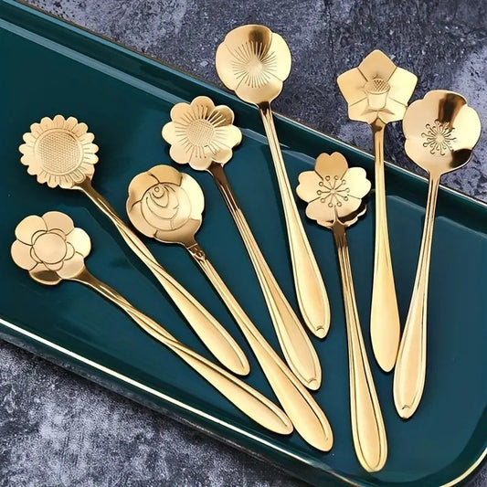 8-Piece Stainless Steel Flower Spoons - Coffee & Dessert Teaspoon Set (Gold, Silver, or Rainbow)