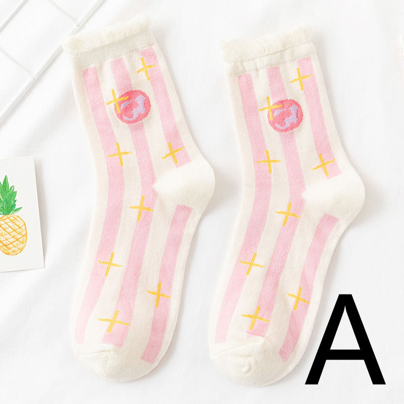8-Pair Whimsical Floral & Patterned Cotton Sock Set - Cute Jacquard Crew Socks