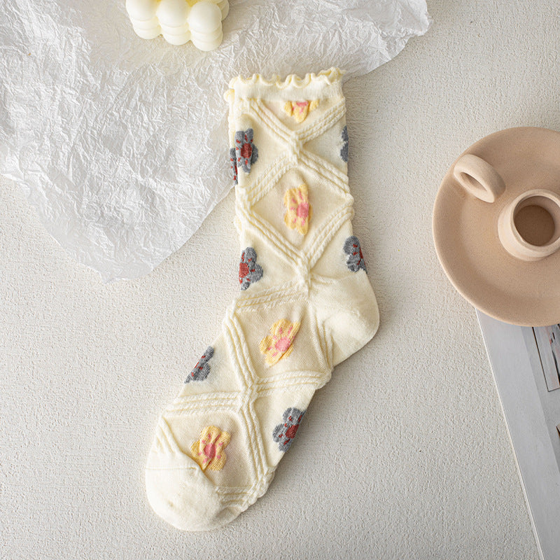 7-Pair Set - Women's Vintage Floral Lace Socks, Sheer Embroidered Dress Socks