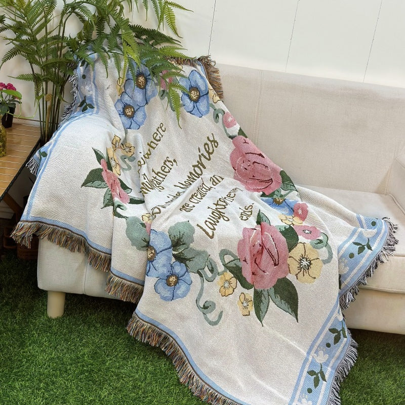 Boho Retro Woven Blanket - 70s Flower & Space Pattern Throw | Picnic, Camping, or Home Decor