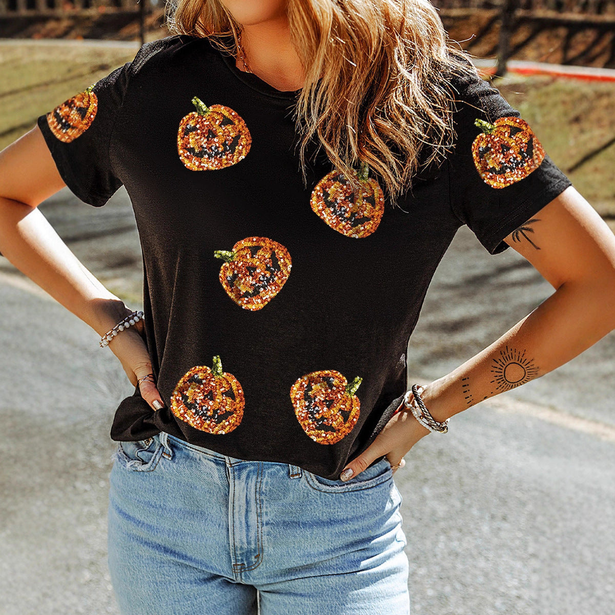 Sequin Pumpkin Halloween T-Shirt - Sparkly Jack-O'-Lantern Graphic Tee
