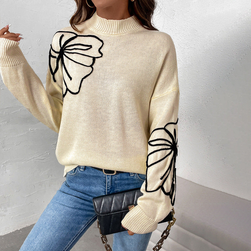 Women's Half Turtleneck Sweater - Floral Pattern Pullover