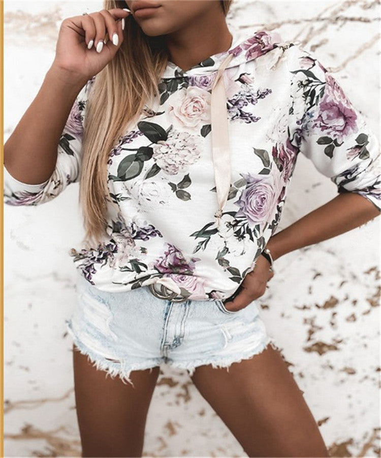 Women's Floral Print Hooded Sweatshirt - Casual Pullover Hoodie