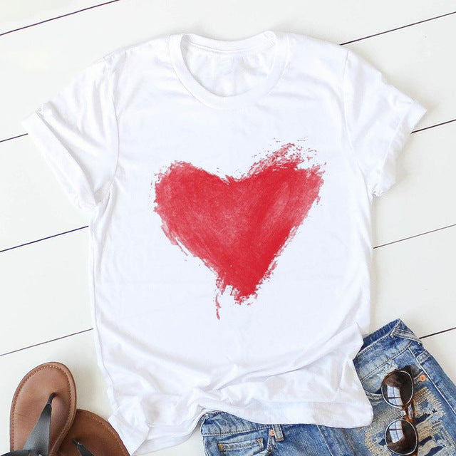 Women's Heart & Flower Print Short Sleeve T-Shirt - Casual Graphic Tee