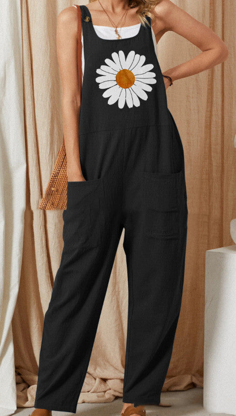 Women's Cotton-Linen Daisy Print Overalls - Casual Loose Jumpsuit with Pockets