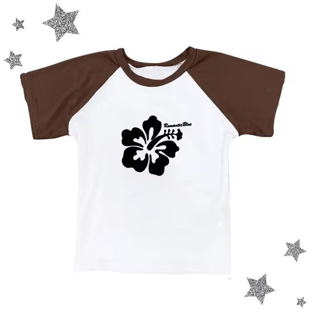 Retro Hibiscus Flower Print Short Sleeve Tee - Casual Y2K Summer Top