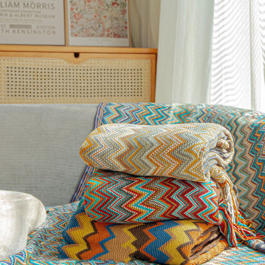 Bohemian Chevron Woven Throw Blanket - Ethnic Pattern Sofa & Bed Decor