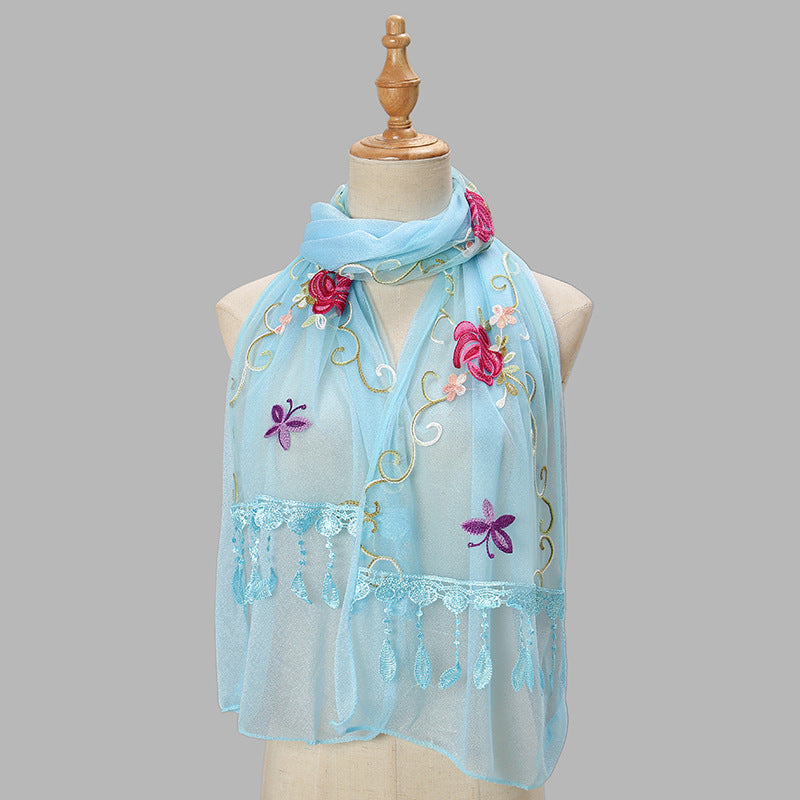 Embroidered Floral Tassel Scarf - Lightweight Double-Layer Wrap for Women