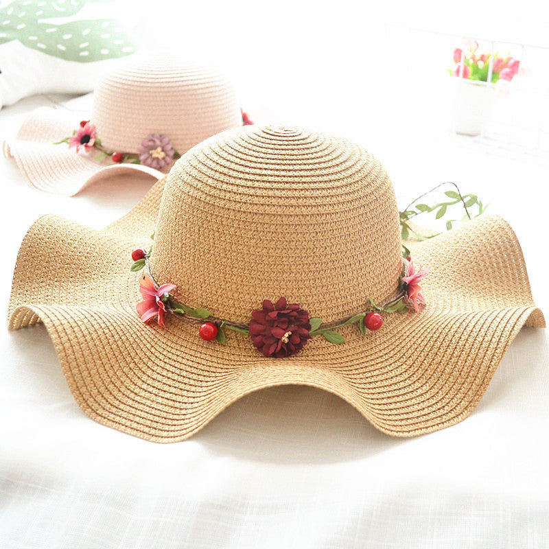 Children's Straw Sun Hat with Floral Band - Wide Brim Summer Hat