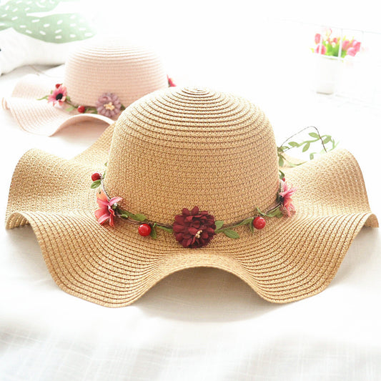 Children's Straw Sun Hat with Floral Band - Wide Brim Summer Hat