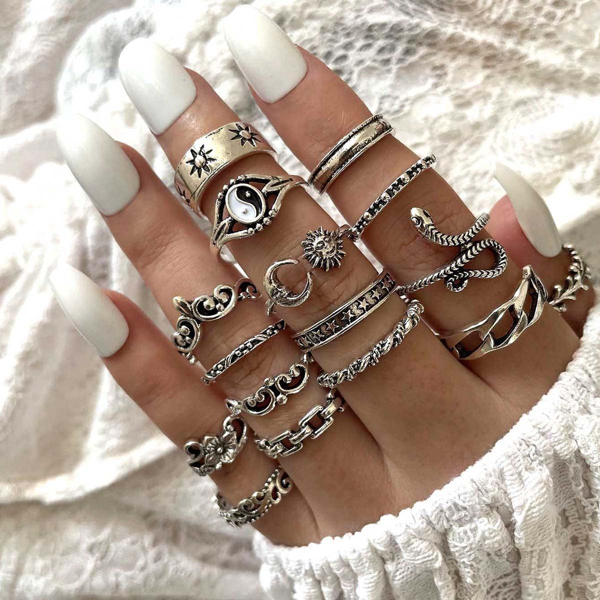 Boho Moon Snake & Flower Ring Set - Vintage Stacking Jewelry (13 pcs)