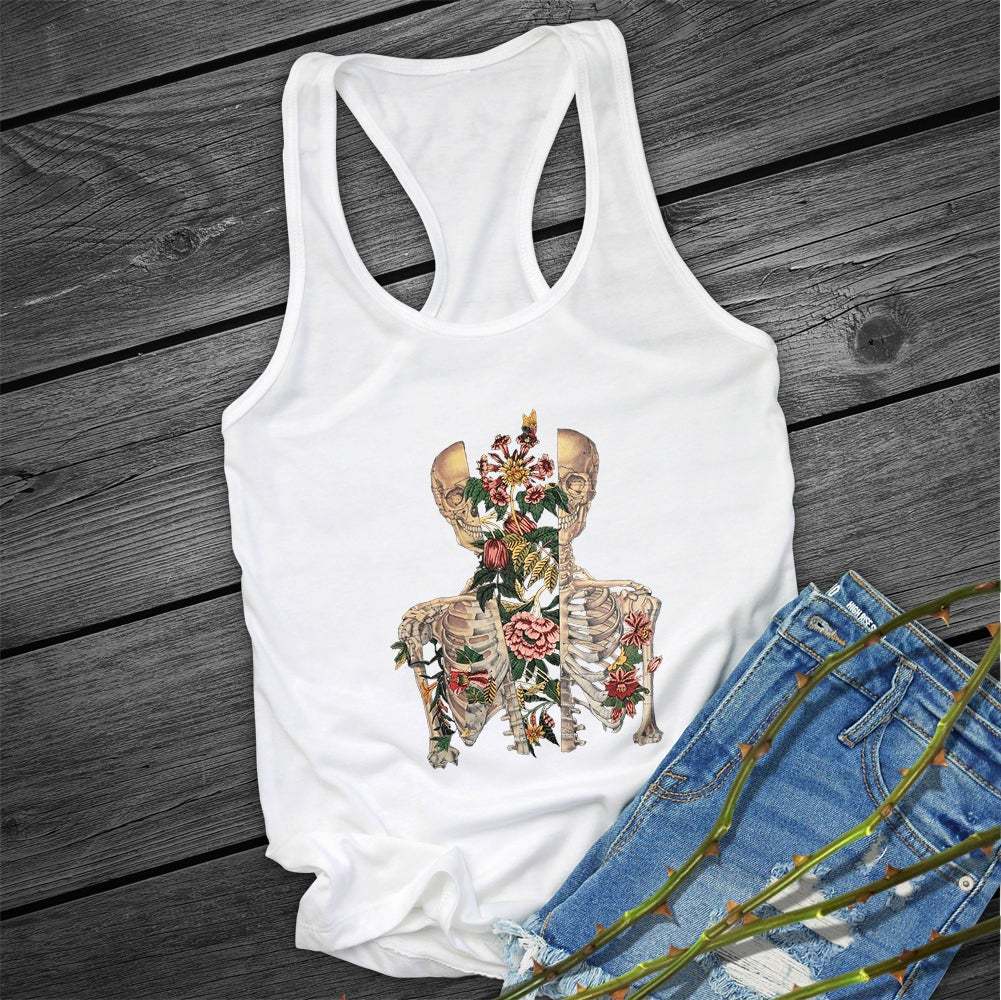 Floral Skull Sleeveless Tank Top - Edgy Boho Graphic Vest