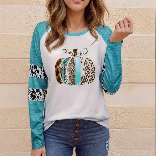 Blue Pumpkin Patchwork Raglan Tee - Women's Fall Long Sleeve Graphic Shirt