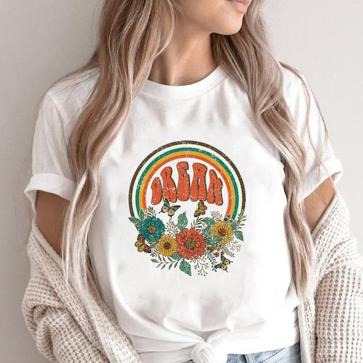 Women's Graphic Flower Print T-Shirt - Boho Retro Summer Tee (S-5XL)