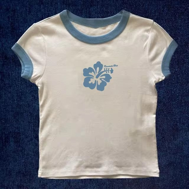 Retro Hibiscus Flower Print Short Sleeve Tee - Casual Y2K Summer Top