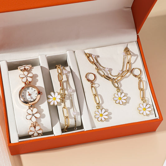 Women's Daisy Charm Watch & Jewelry Gift Set - 6-Piece Flower Accessory Box