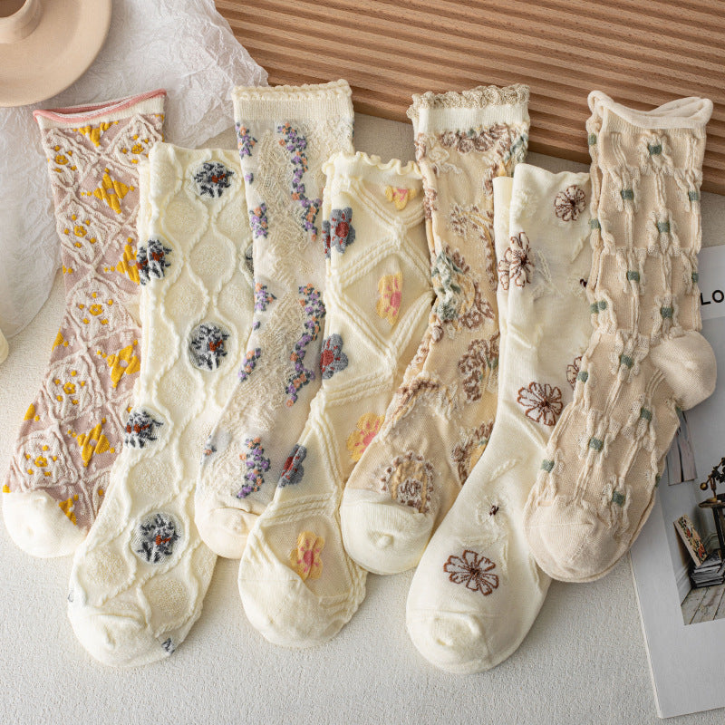 7-Pair Set - Women's Vintage Floral Lace Socks, Sheer Embroidered Dress Socks