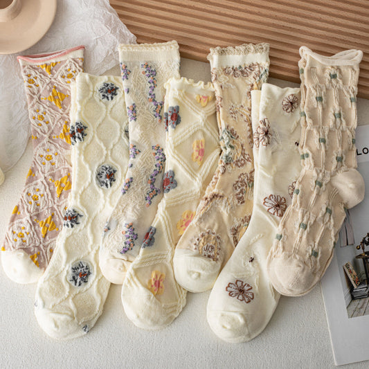7-Pair Set - Women's Vintage Floral Lace Socks, Sheer Embroidered Dress Socks
