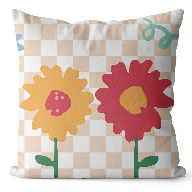 Checkerboard Flower Print Pillow Cover - Modern Colorful Cushion Case (45x45cm)