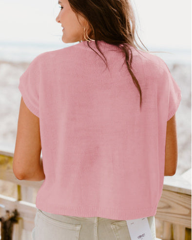 Retro Pink Knit Tank with Colorful Crochet Flower Design - Sleeveless Cotton Top