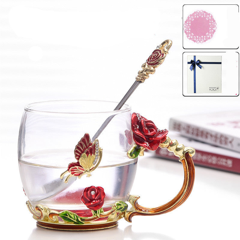 Luxury Enamel Flower Glass Teacup Set with Spoon - Gift Boxed Tea & Coffee Mug