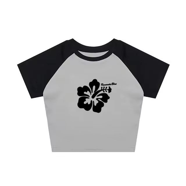 Retro Hibiscus Flower Print Short Sleeve Tee - Casual Y2K Summer Top
