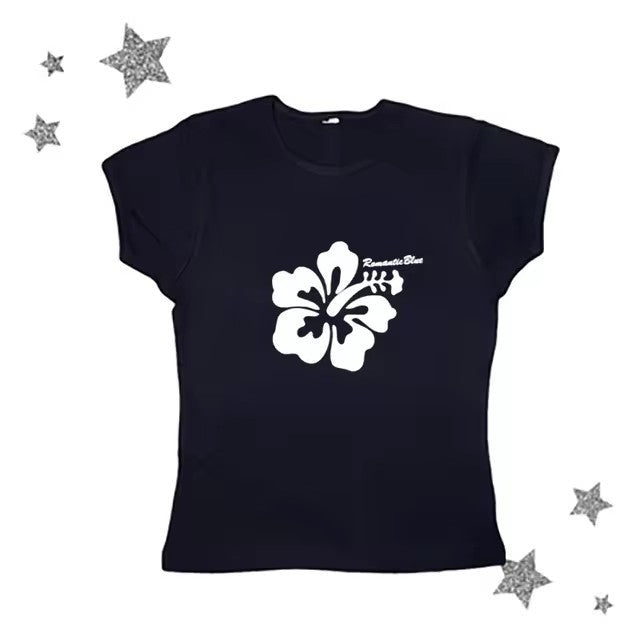 Retro Hibiscus Flower Print Short Sleeve Tee - Casual Y2K Summer Top