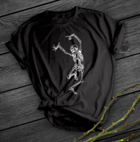 Dancing Skeleton Graphic Tee - Gothic Floral Short Sleeve Top