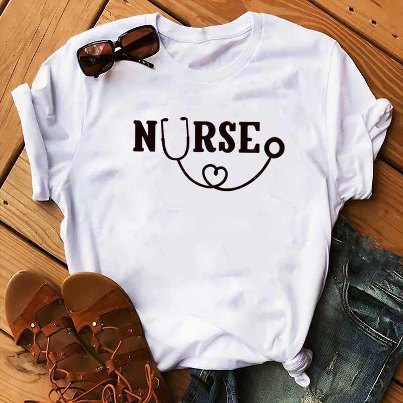 Nurse Graphic T-Shirt - Stethoscope Heart Print Short Sleeve