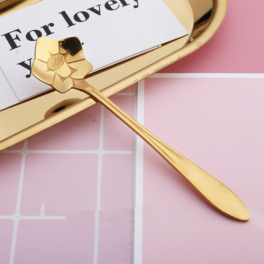 8-Piece Gold-Plated Flower Coffee Spoon Set - Stainless Steel Teaspoons