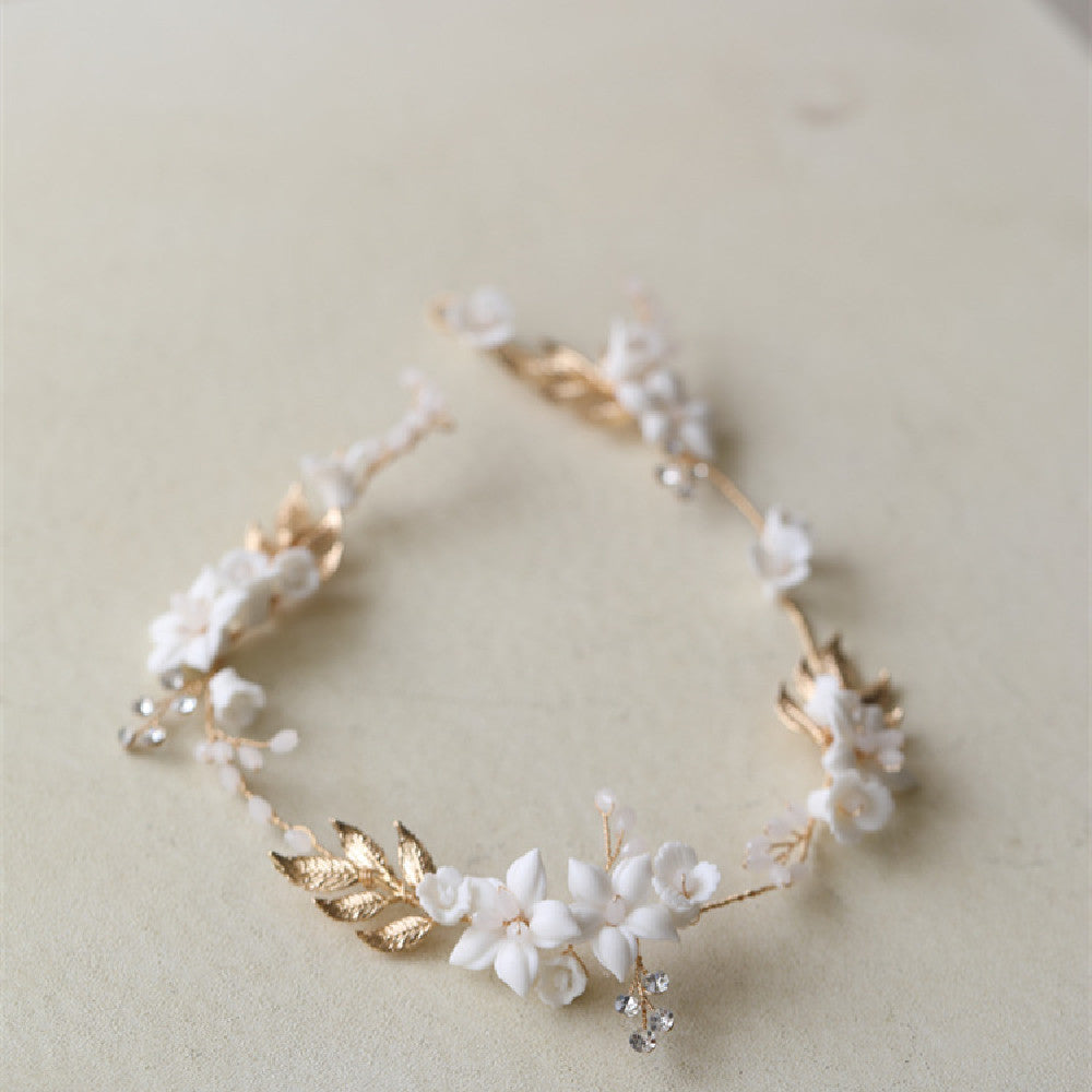 Bridal Flower Crown Headband - Elegant Gold & White Floral Hair Hoop